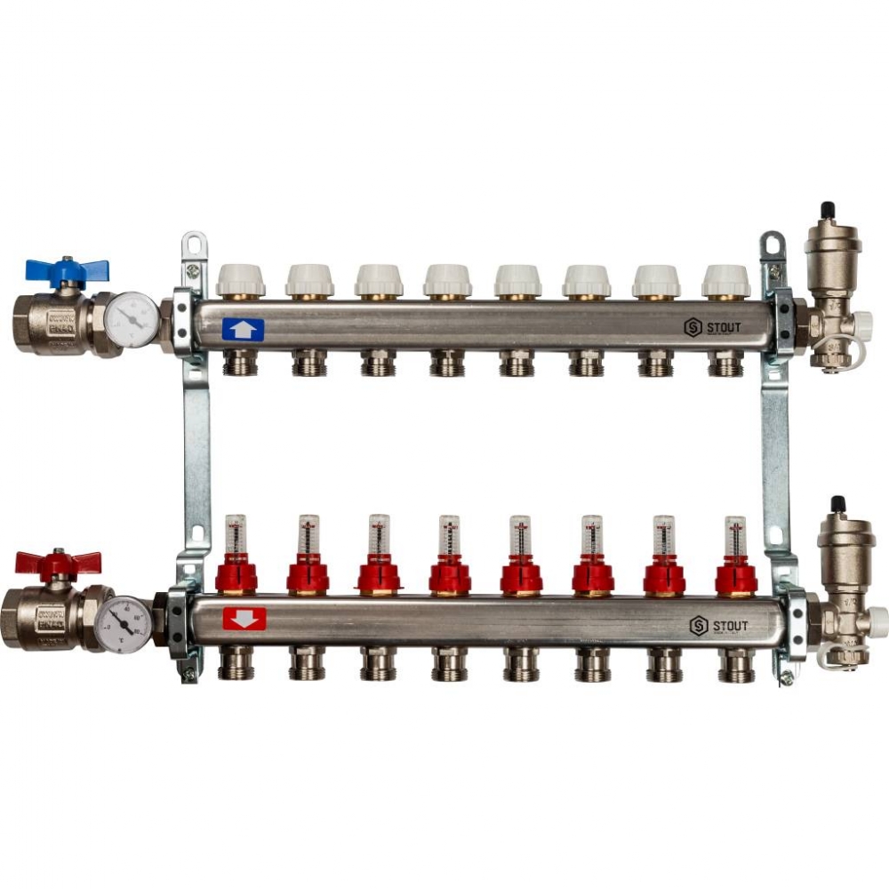 Коллектор из нержавеющей стали для систем напольного отопления с расходомерами на 8выходов STOUT /1/
